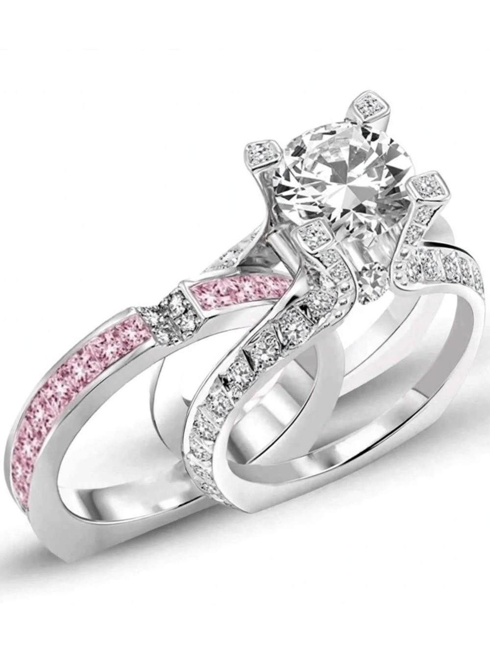Sterling Silver Bridal Ring Set with Pink Accent Stones